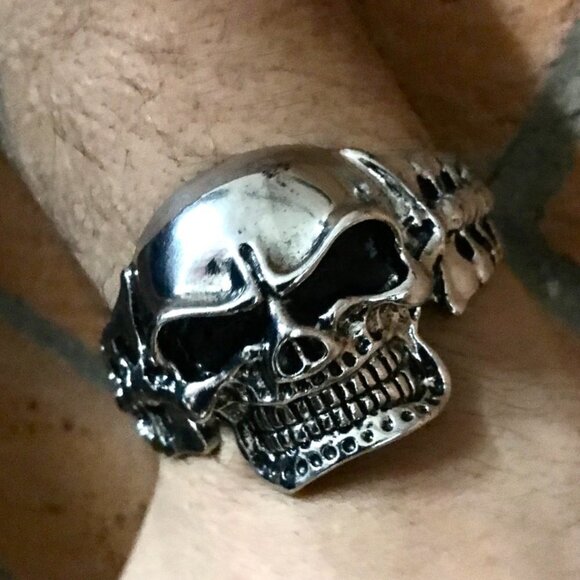 Skull Cuff Bracelet Mens Heavy Biker Silver Rock Goth Mans Moto Gothic Punk Big - Picture 2 of 7